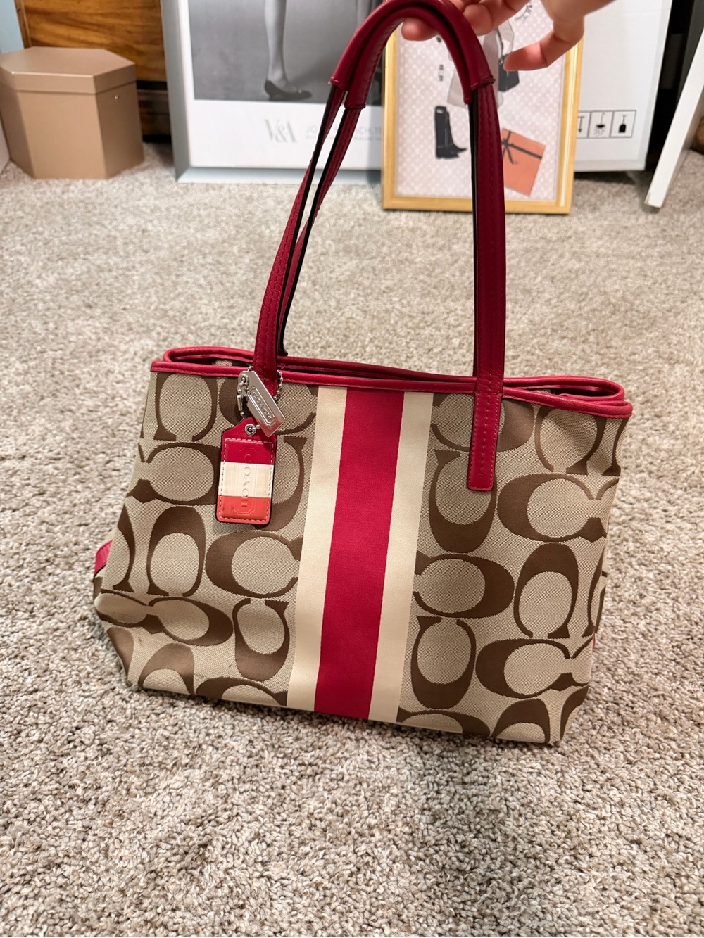 Coach Canvas Tote with Pink-Red Center Stripe